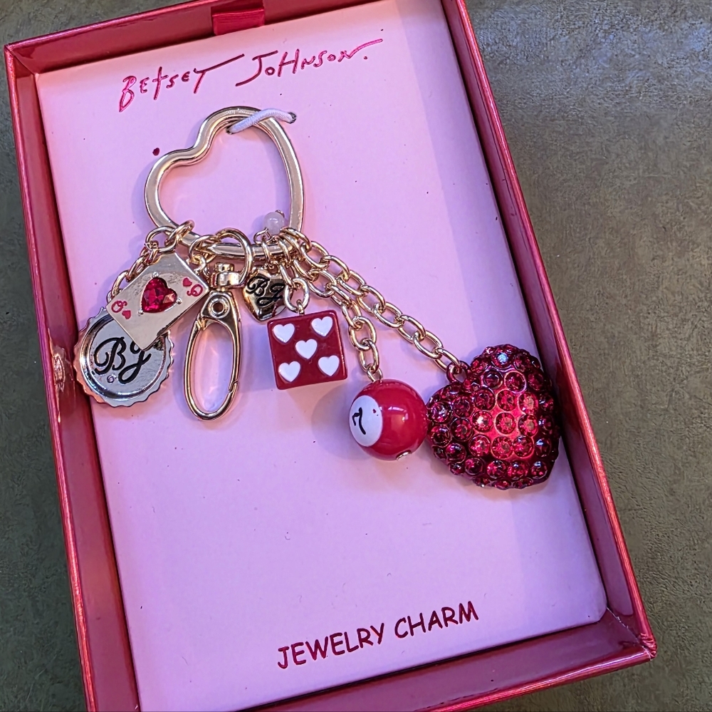 Betsey Johnson Pink Red Crystal Heart & Dice Charm Keychain